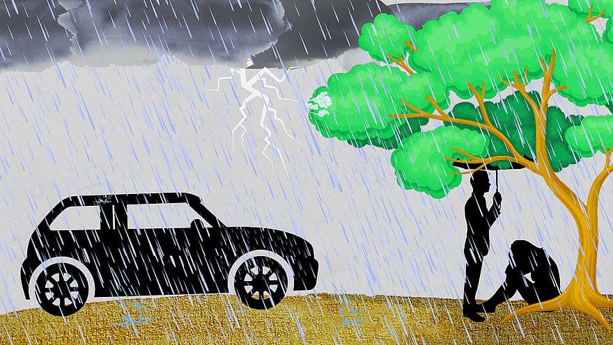 любить, дождь, автомобиль, плач, гром, дождливый, девушка, пара