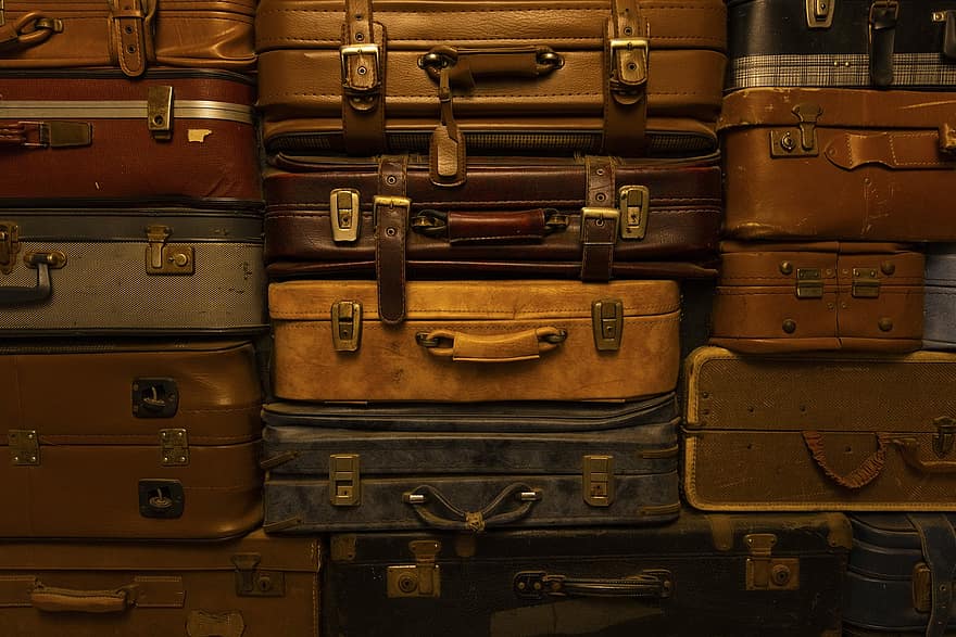αποσκευές, τσάντα, αντίκα, τουρίστας, ταξίδι, κλασσικός, σωρός