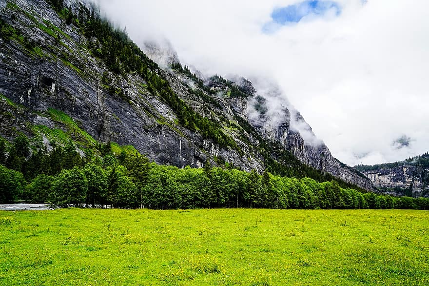 スイス、ハイキング、ガスターンバレー、山岳、風景、雲、高山、自然、山、岩、滝