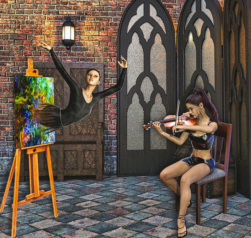 발레리나, 바이올린 연주자, 화가, 그림, 홀, 마법, 음악, 댄스