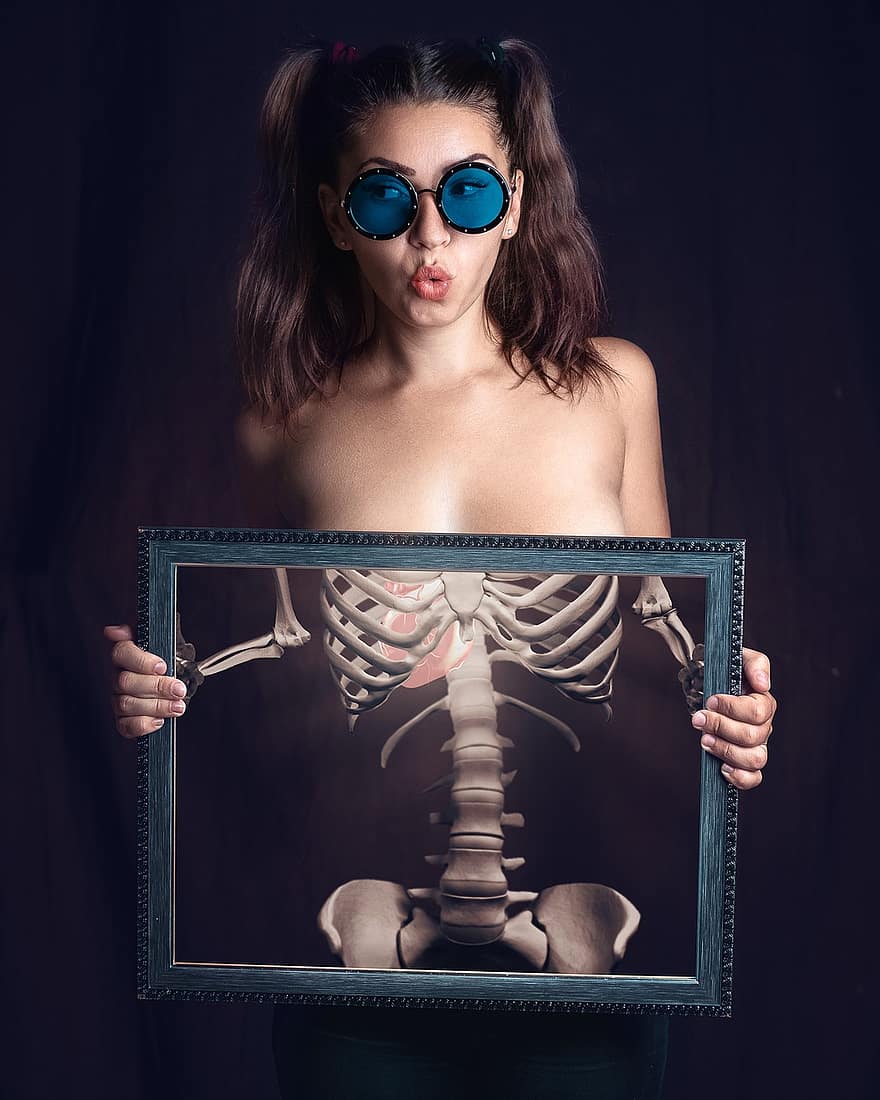 pige, spejl, skelet, photoshop, legeme, model, skønhed, surrealistisk, briller
