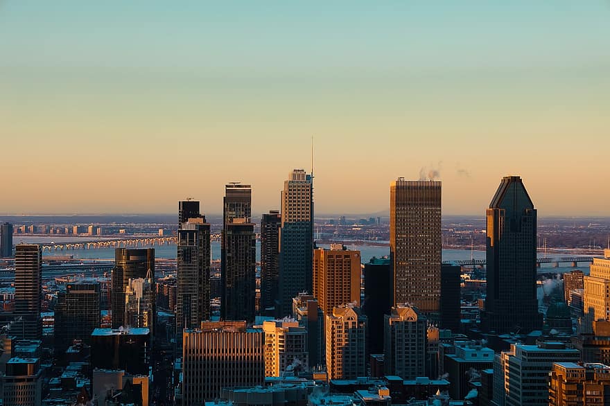 Монреал, град, залез, Канада, зима, сняг, небостъргачи, сгради, градски пейзаж, градски силует, небостъргач