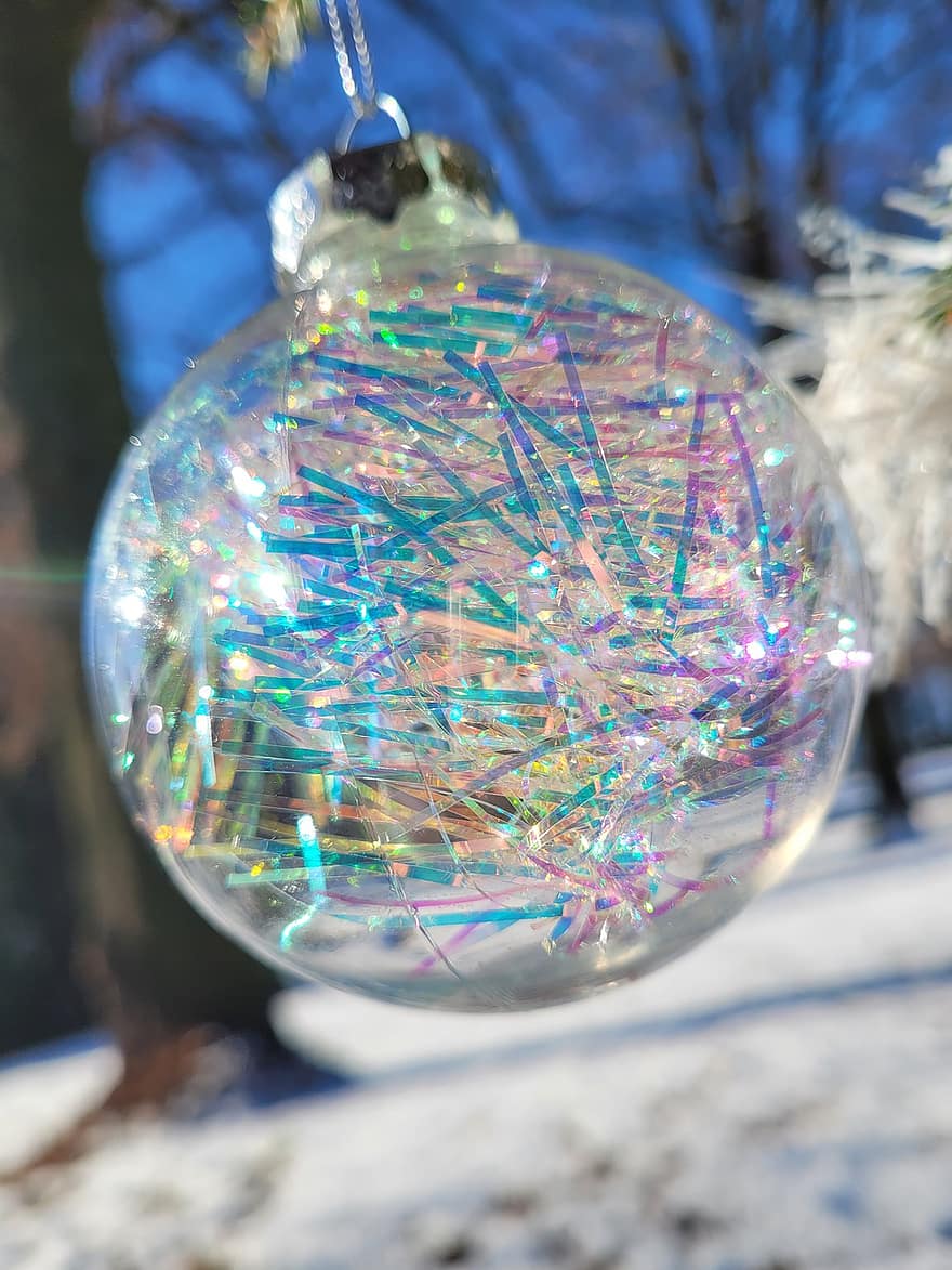 ornaments, decoració, neu, hivern, esfera, vidre, primer pla, fons, arbre, blau, temporada