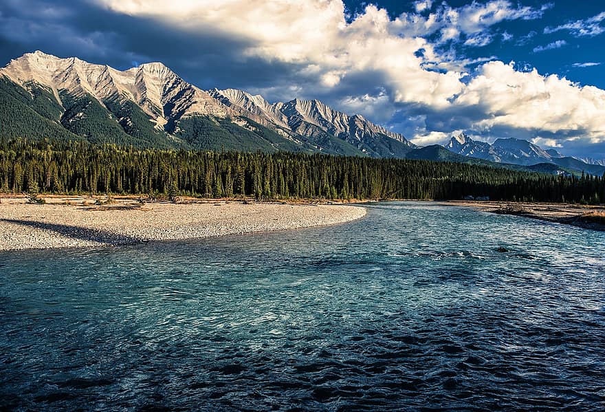 Banff, arcul raului, râu, munţi, peisaj, pustie, Munte, apă, pădure, albastru, vară