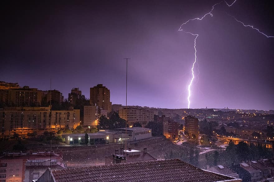 relámpago, trueno, tormenta, cielo, ciudad, Lisboa, Portugal, naturaleza