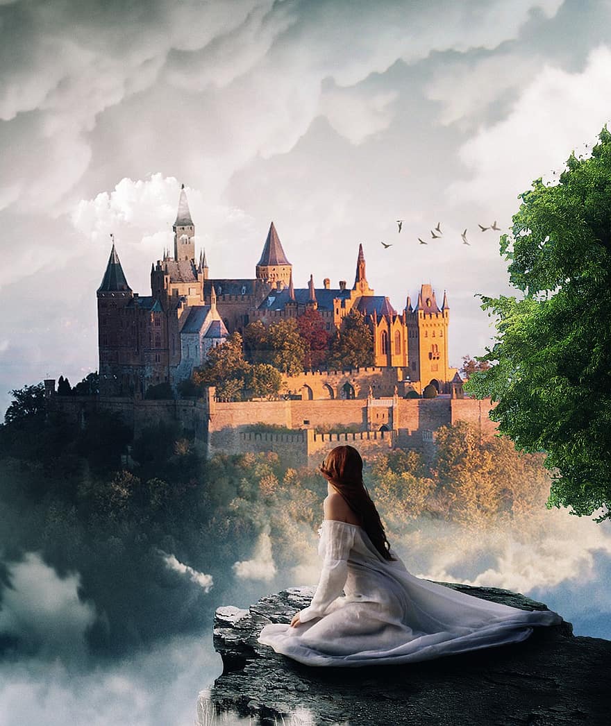 Lâu đài, đàn bà, tưởng tượng, thời trung cổ, Pháo đài, những đám mây, bầu trời, vách đá, đỉnh núi, bí ẩn, truyện cổ tích
