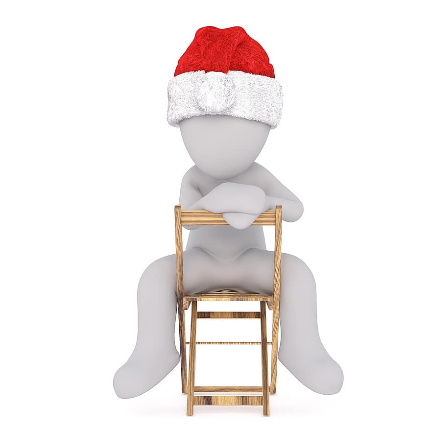 белый мужчина, 3d модель, изолированный, 3d, модель, все тело, белый, шляпа санты, рождество, 3d шляпа санты, стул