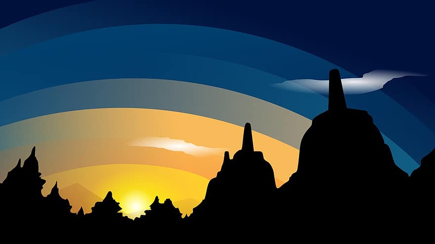 piatto, sfondo, Borobudur, Yogyakarta, Alba, silhouette, religione, architettura, tramonto, posto famoso, vettore