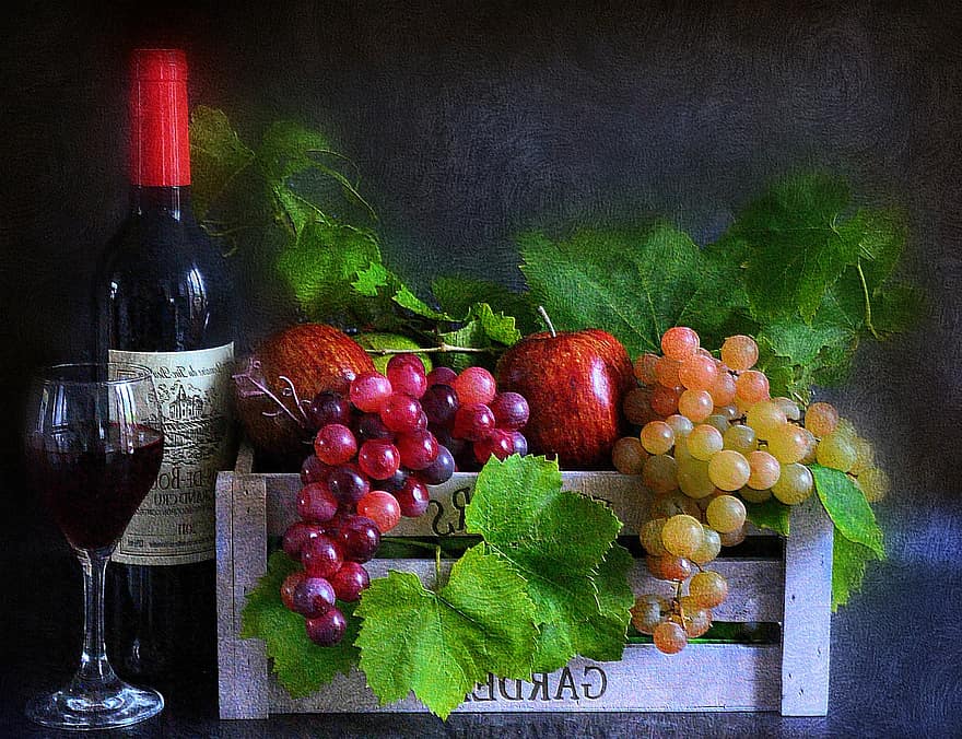 स्थिर जीवन, फल, वाइन, लकड़ी के टोकरे, लाल शराब, कांच, व्यवस्था