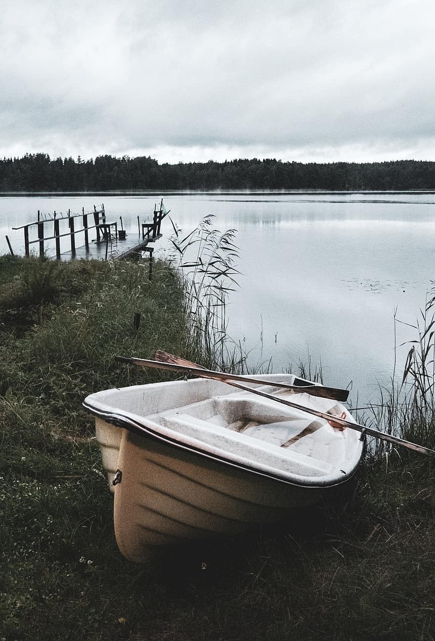Ruderboot, See, Ufer, Boot, Finnland, Wasser, draußen, Landschaft, Abend, Ruhe, Bäume