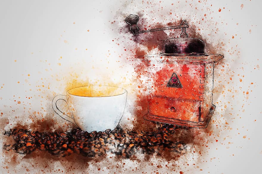 káva, pohár, Mlýnek na kávu, umění, abstraktní, vodové barvy, vinobraní, umělecký, tričko, design, akvarel
