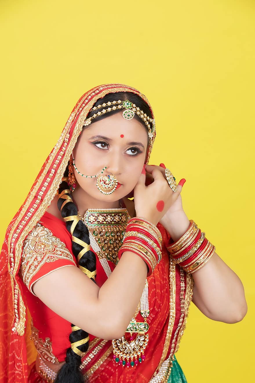 vrouw, bruid, jurk, model-, pose, traditie, Indiaas, cultuur, schoonheid, culturen, sari