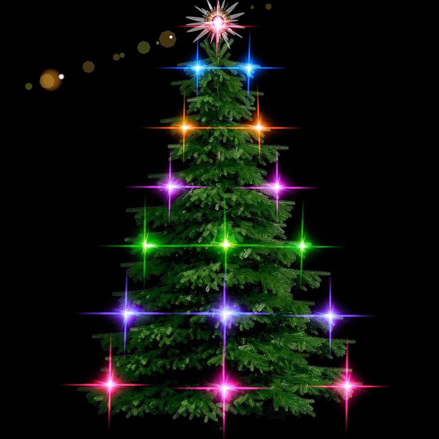 Noel, köknar, ışıklar, star, mutlu Noeller, dekorasyonlar