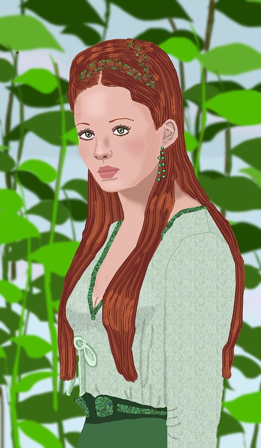 Brunette Kvinne, høye planter, pent hår, fredelig, grønn fred