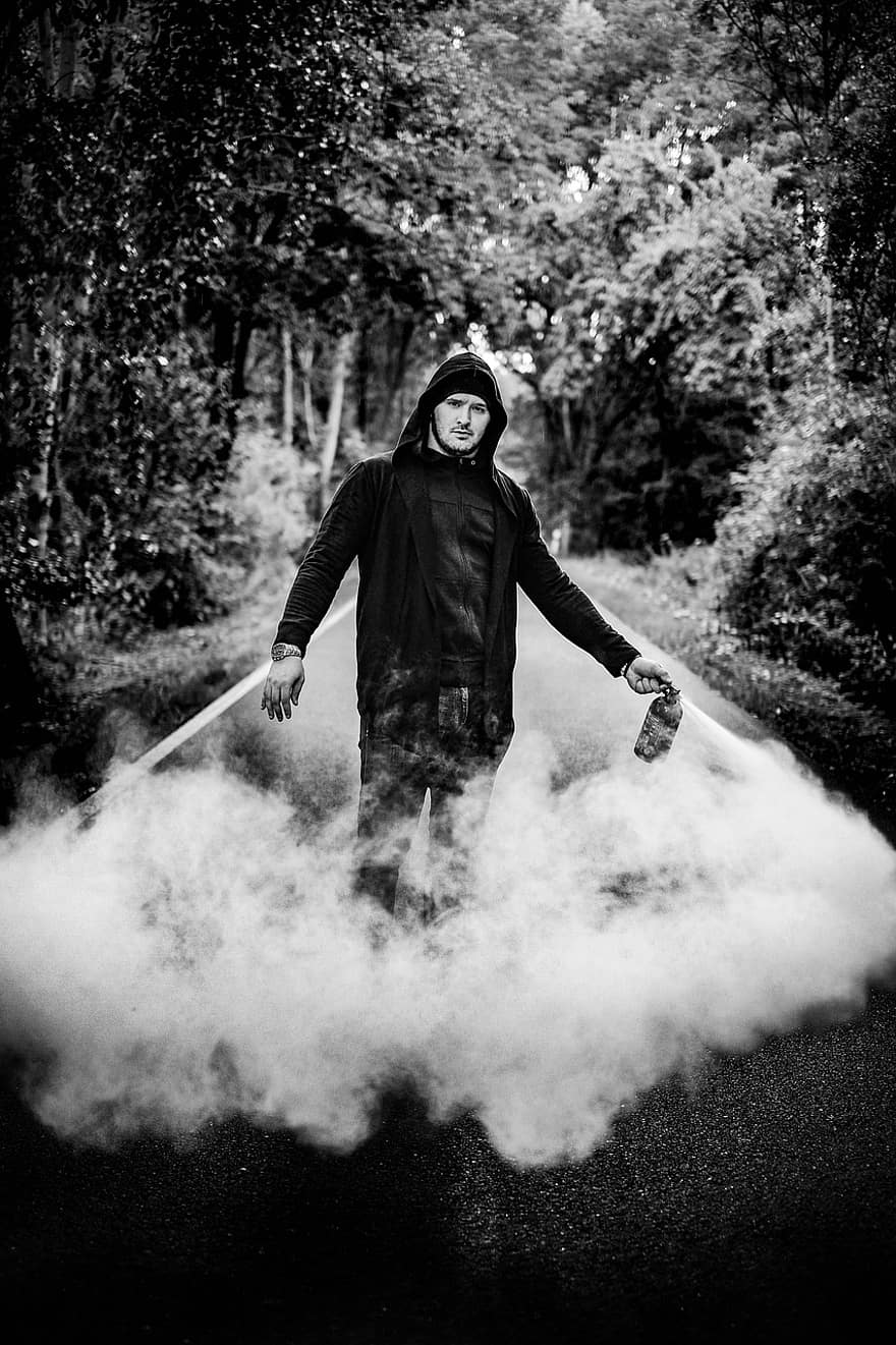Man, Fire Extinguisher, Monochrome, Smoke, Road, Trees, Person, Hood, Pose, Mysterious, Mystical