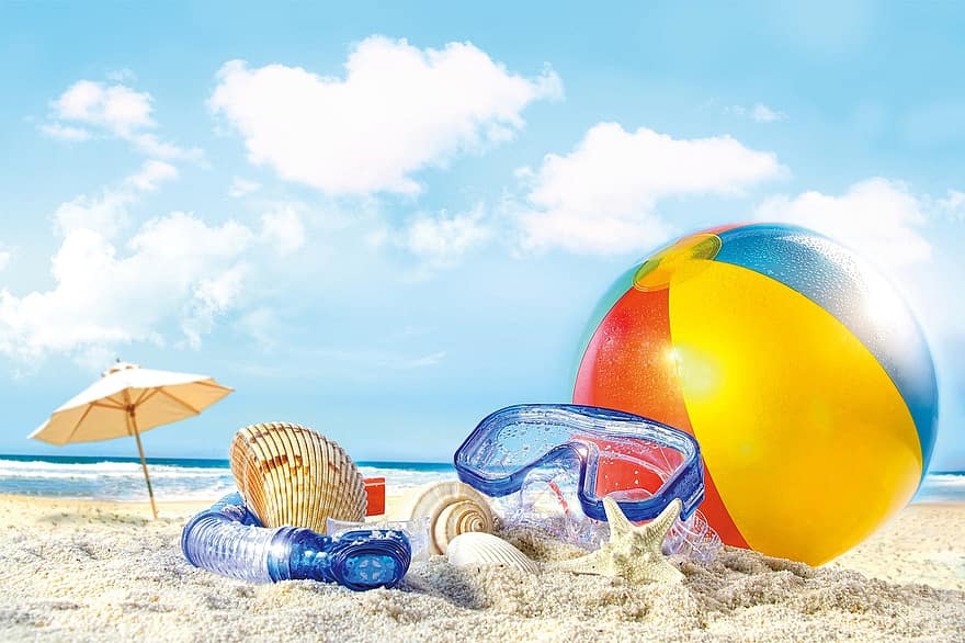 пляж, летом, песок, пляжный мяч, очки защитные, ракушка