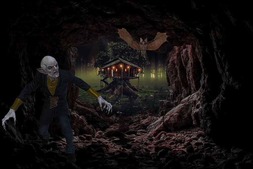 Background, Woods, House, Cave, Elf, Bat, men, night, adult, one person, religion