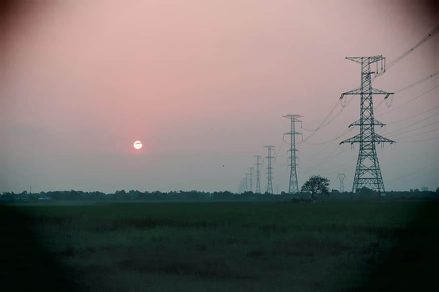 solnedgang, elektrisitetspyloner, vietnam, landskap, natur, kraftpoler, felt, skumring, drivstoff og kraftproduksjon, sol, silhouette