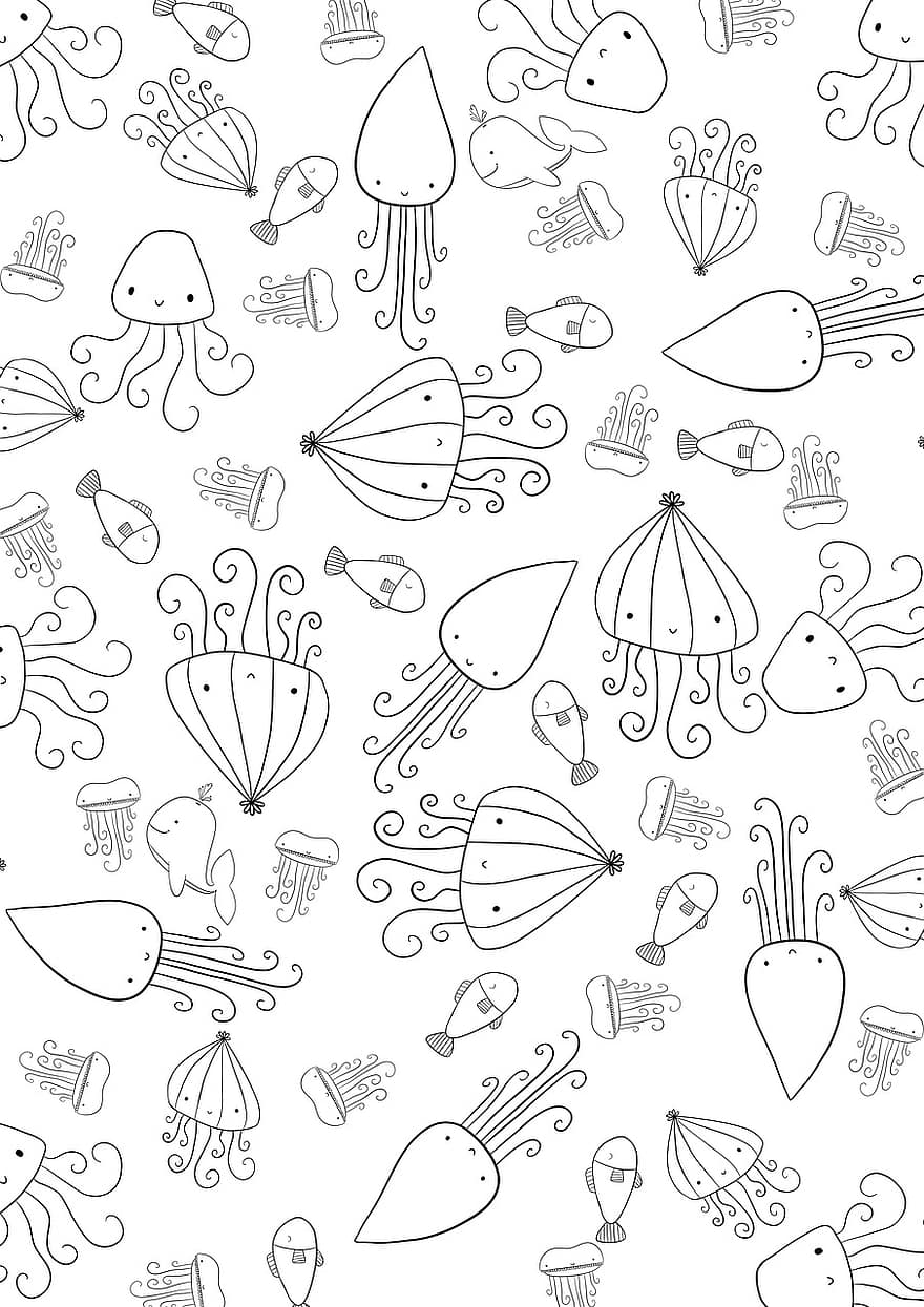 해양 동물, 무늬, 착색 페이지, 오징어, 물고기, 해파리, 동물, 바다, 그림, 디지털 종이, 원활한 패턴