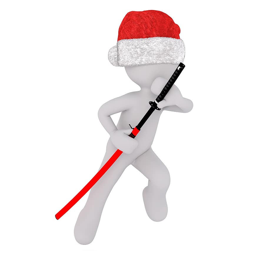 biały samiec, Model 3D, odosobniony, 3d, Model, całe ciało, biały, czapka Mikołaja, Boże Narodzenie, 3d santa hat, miecz
