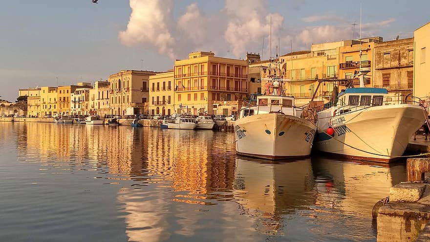 pescaria, mar, barco, porto, por do sol, verão, reflexões, Sicília, Mediterrâneo, marina, área de captação