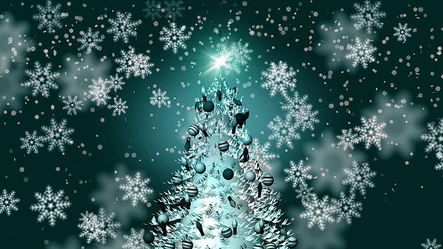 Natal, árvore, neve, flocos de neve, decorar, natal, feriado, advento, dezembro, brilhar, fundo