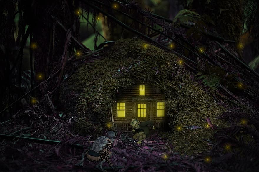 tło, las, ciemny, dom, elf, kreatura, Fantazja, Sztuka cyfrowa, noc, drzewo, architektura