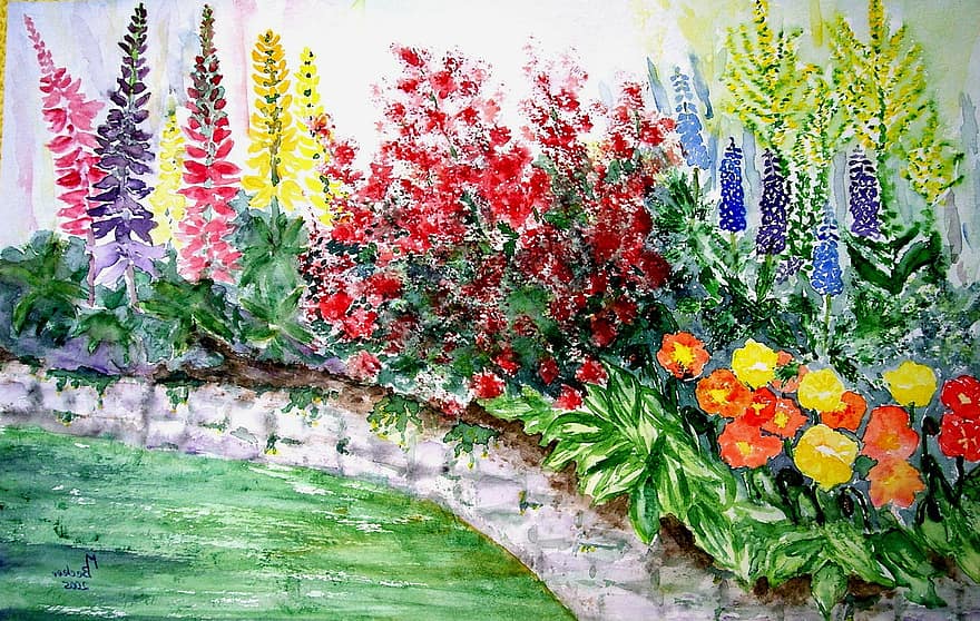 λουλούδια, τείχος, πάρκο, κήπος, ζωγραφική, εικόνα, τέχνη, χρώμα, καλιτεχνικώς, εικόνα ζωγραφική, καλλιτέχνες