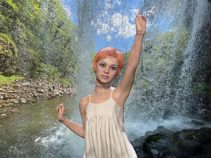 Background, Woods, Waterfall, Girl, Fantasy, Female, Character, Digital Art
