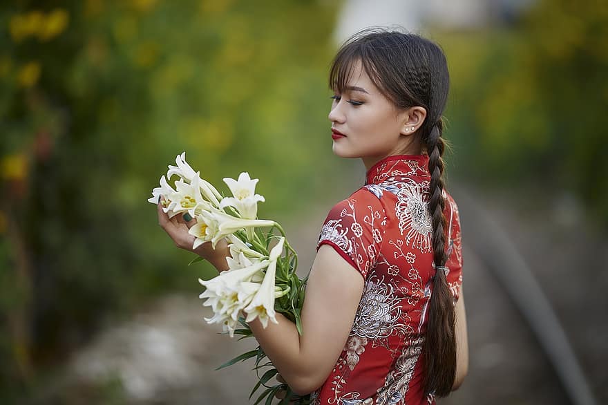 kvinna, Cheongsam, blommor, porträtt, Innovativ Cheongsam, livsstil, traditionell, asiatisk, mode, klänning, kläder