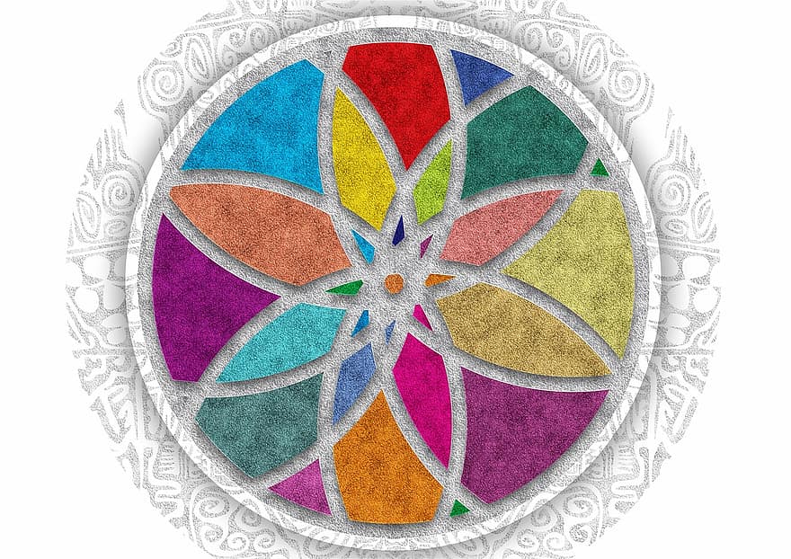Mandala, Colors, Floral, Flower, Texture, Stained Glass, Orange, Red, Blue, Green, Yellow