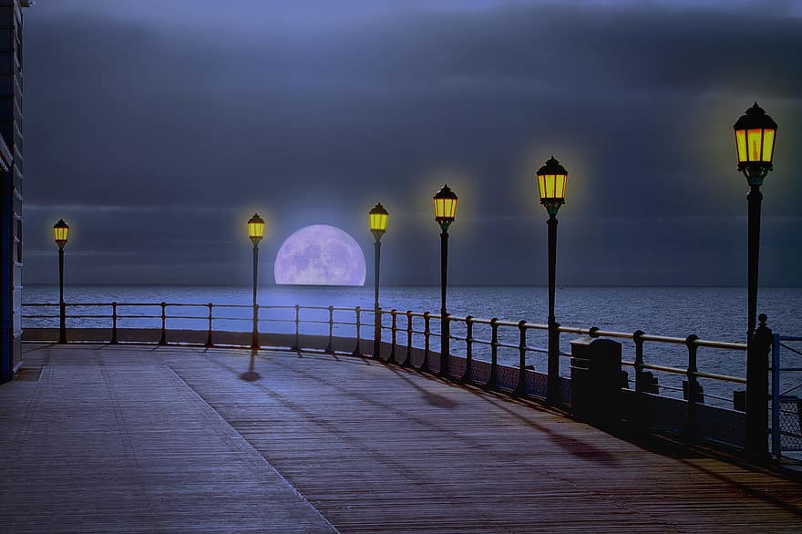 фантазия, нощ, море, лунно небе