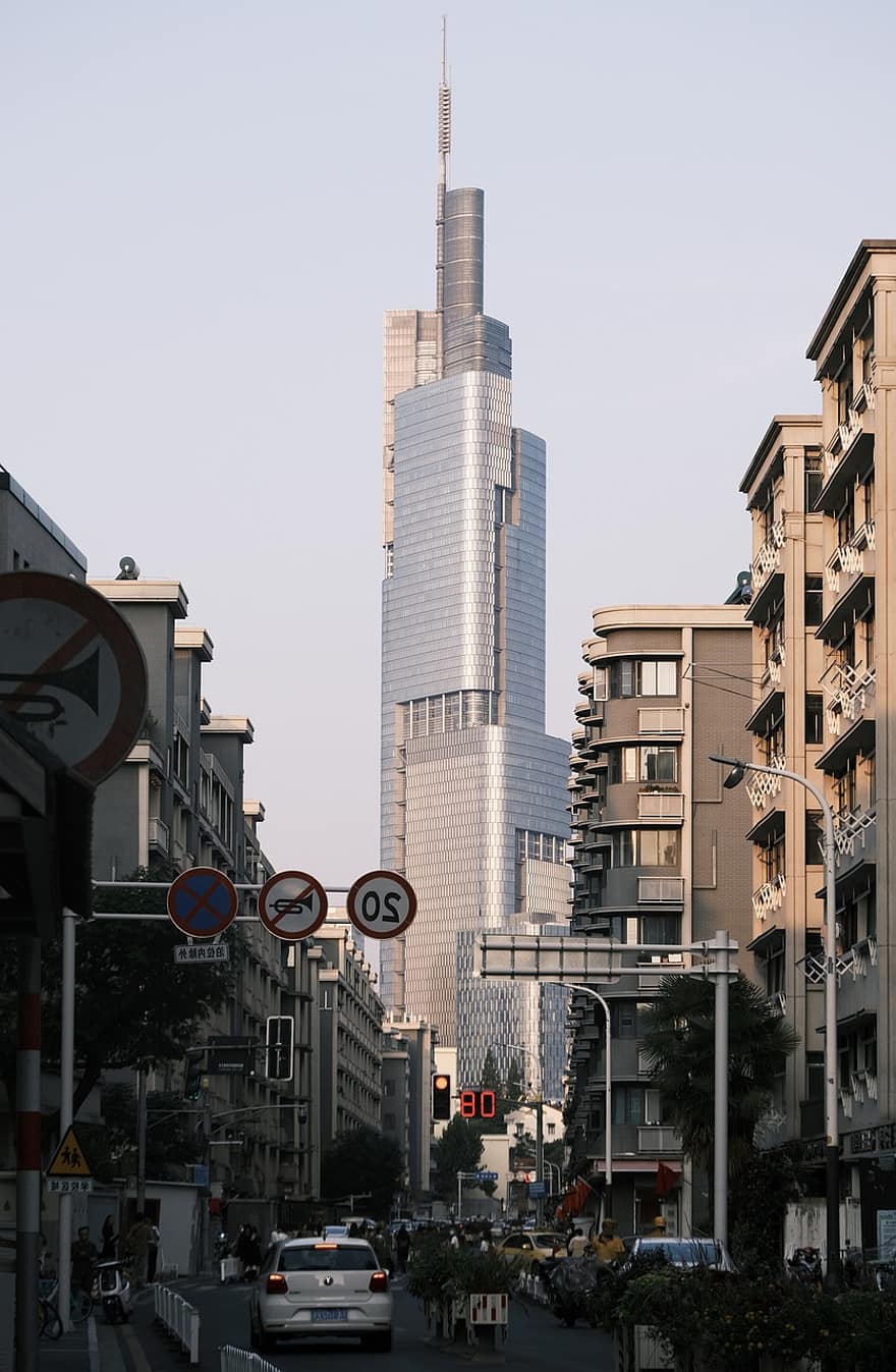 vue sur la rue, ville, bâtiment, Nanjing, sciences humaines