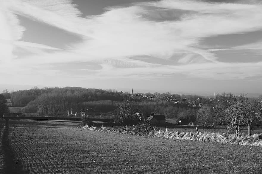 Fields, Meadow, Village, Winter, Monochrome, Black, White, Flanders, Hills, farm, landscape