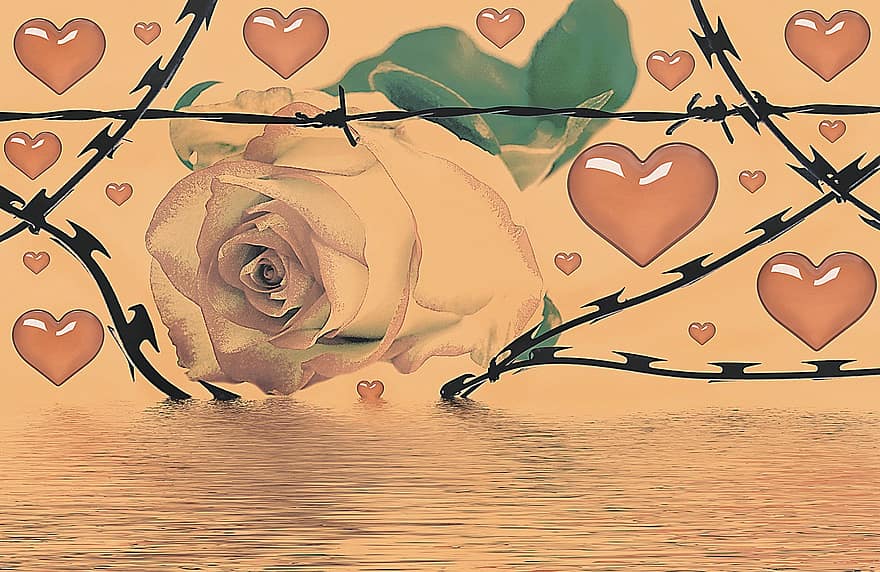 Japanese Style, Rose, Heart, Background, Abstract, Structure, Emotion, Love, Barbed Wire, Connection, Farewell