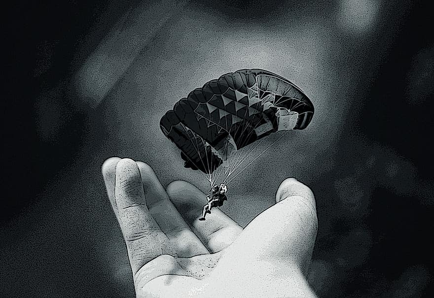 Parachute, Imagination, Hand, Wallpaper, Processing, Paratroopers, White, Black, Palm, Sports