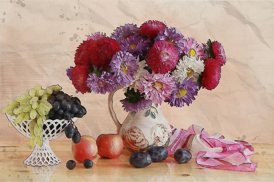 kukka, maljakko, hedelmät, pöytä, sisä-, värikäs, pehmeä, digitaalinen, taide, työ, kuva