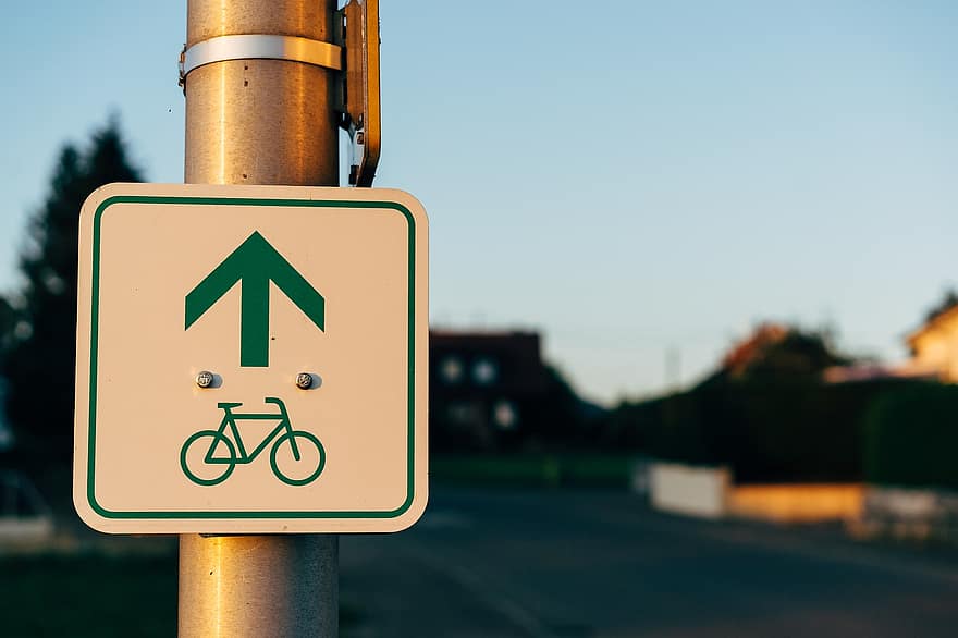 bicicletă, indicator stradal, drum, asfalt, trotuar, excursie, oraș, șosea, linia, semne, simbol