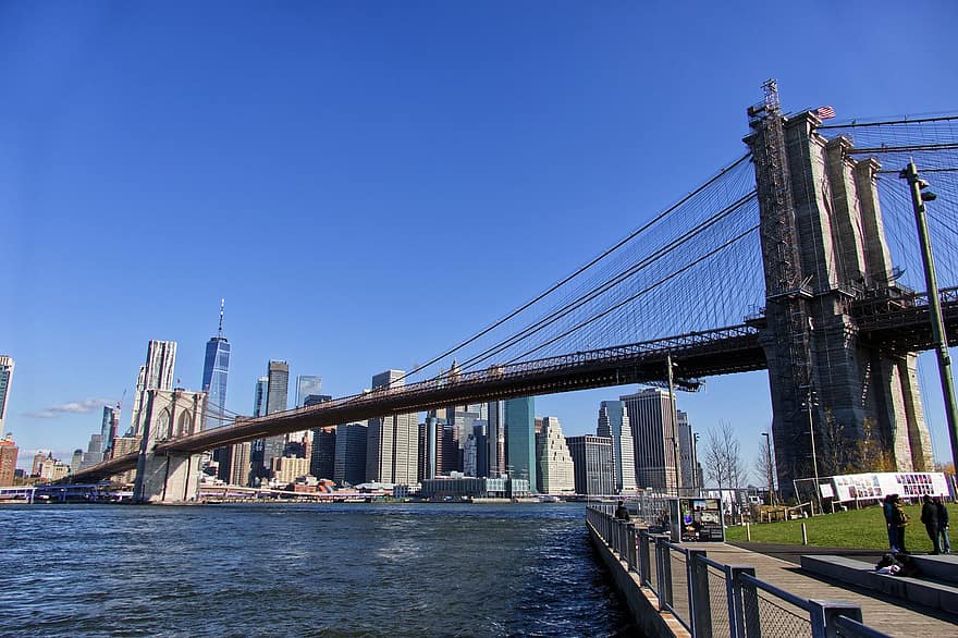 Most Brookliński, rzeka Hudson, Nowy Jork, nyc, Manhattan, USA, most, sylwetka na tle nieba, drapacze chmur, architektura, Budynki