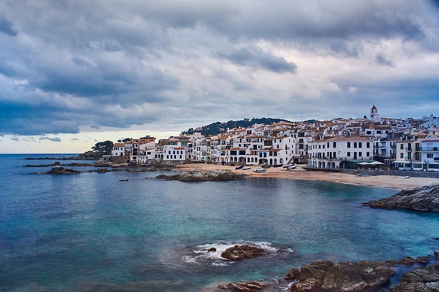 moře, Námořní město, calella de palafrugell, Baix začíná, costa brava, středomoří, cestovní ruch, Dovolená, mraky, pobřežní čára, voda