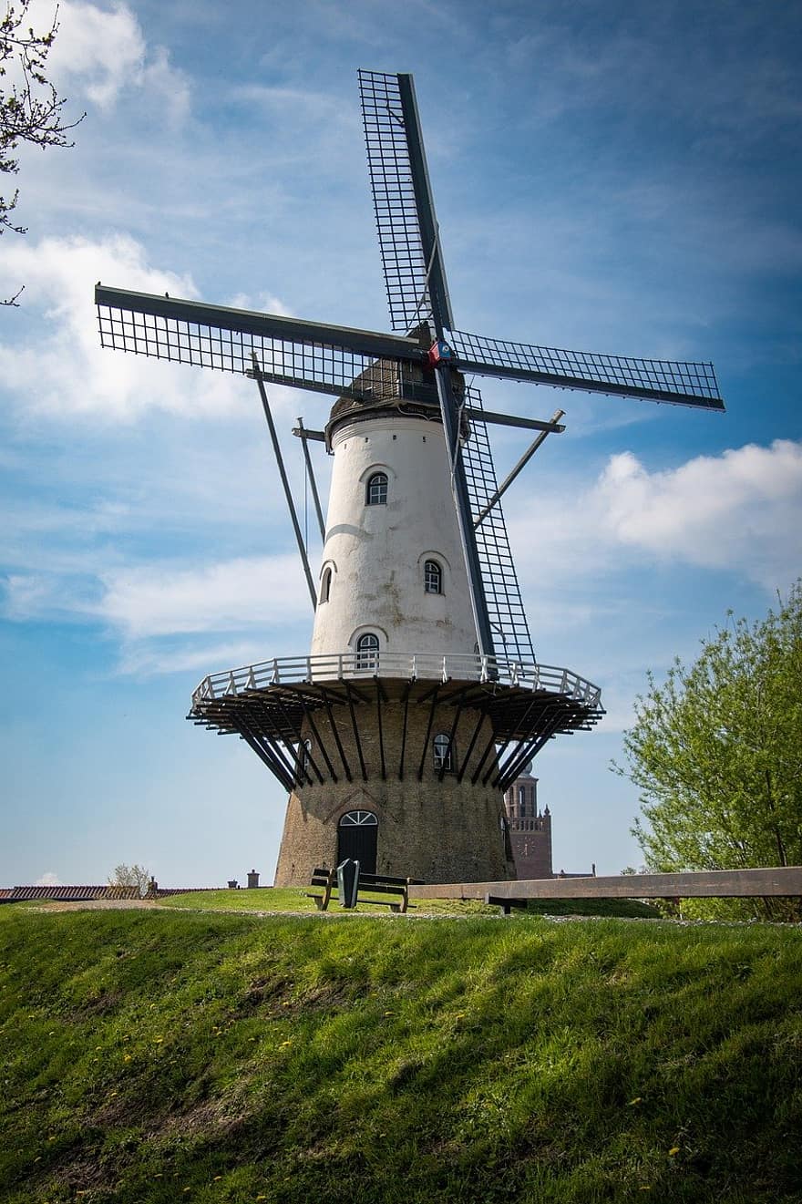 Phone Wallpaper, Windmill, Stone Windmill, White Windmill, Dutch Windmill, Wind Energy, Wind Power, Blades, Old Building, Listed Building, Historical