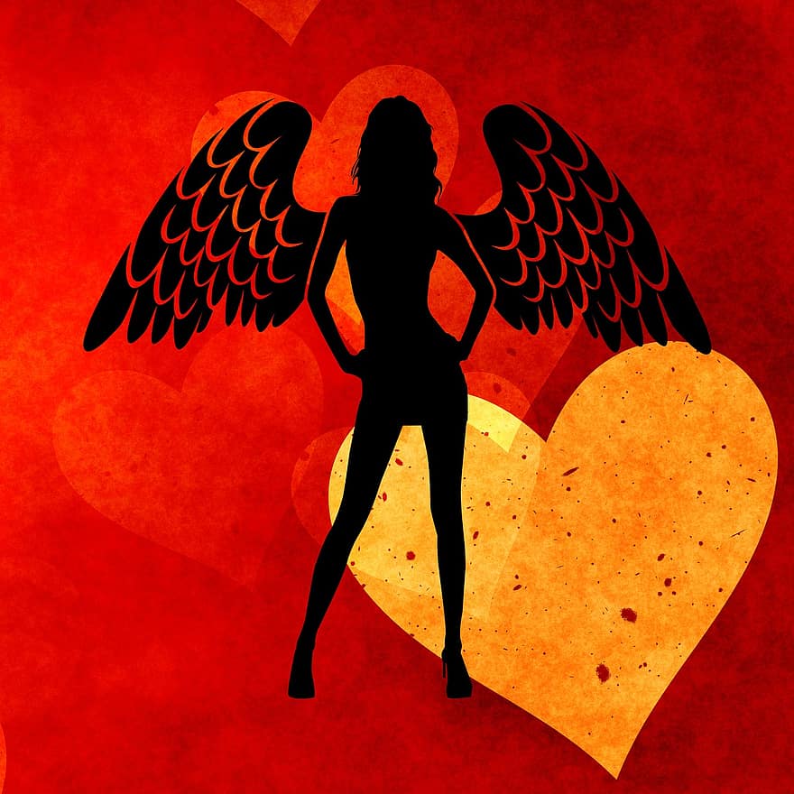 angelo, cuore, amore, silhouette