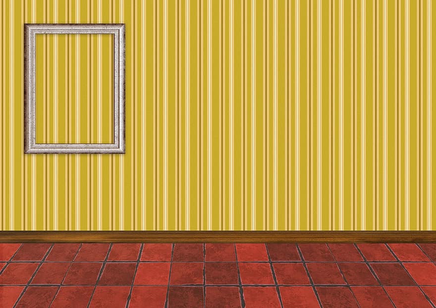habitación, vacío, interior, suelo, azulejos, rojo, terracota, pared, a rayas, amarillo, vendimia