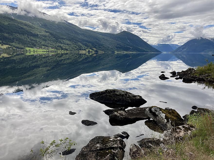 lago, montanhas, Noruega, natureza