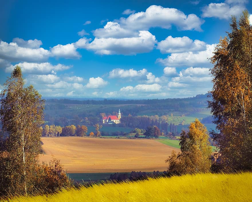 ビュー、秋、自然、シーズン、空、雲、ポーランド、田園風景、風景、牧草地、木