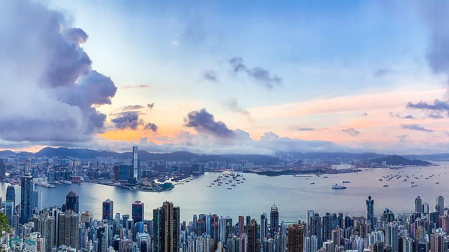 hongkong, Napkelte, város, láthatár, városkép, ég, reggel, idegenforgalom