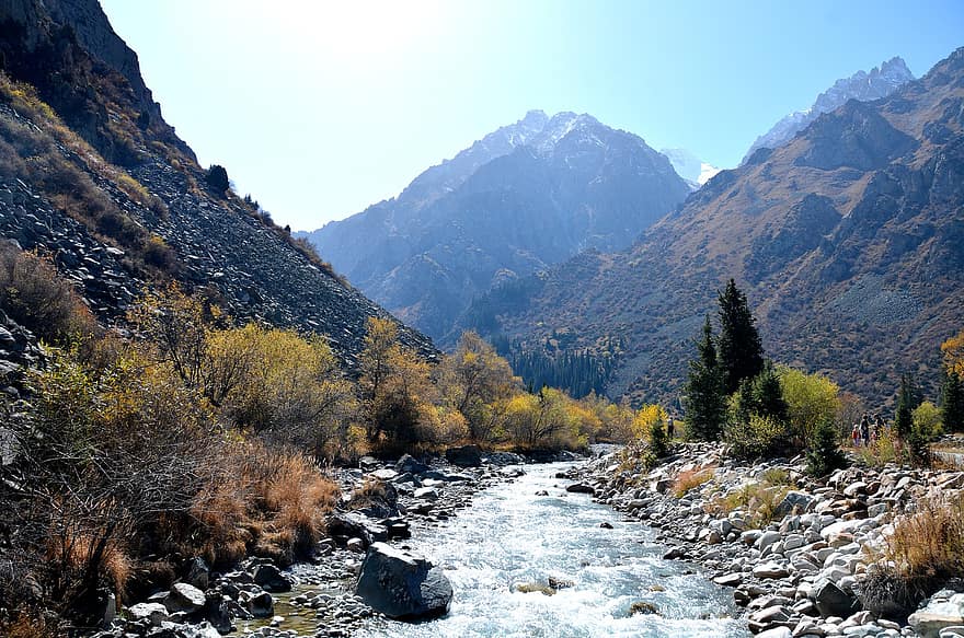 kalni, raksturs, Kirgizstāna, ainavu, rudenī, mežs, upe, ceļot, kalns, kalnu virsotne, koks
