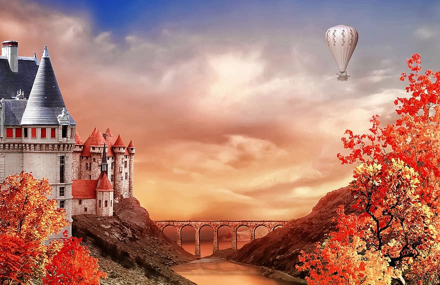 Castle, Balloon, Bridge, Sunset, River, Mountains, Autumn, Story, Fantasy, architecture, famous place