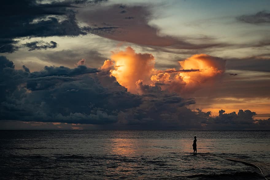 tramonto, nuvole, mare, silhouette, spiaggia, riva del mare, costa, riva, acque, umore, crepuscolo