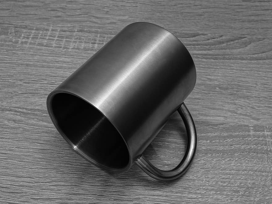 Mug, Dish, Tableware, Cup, close-up, wood, metal, steel, single object, table, drink